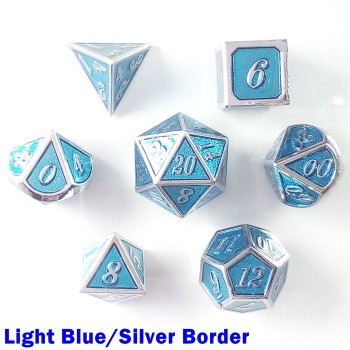 7 Dice RPG Set Heavy Metal Light Blue/Silver Border pathfinder 5e d&d